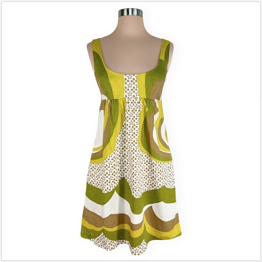Trina Turk Green Tan White Modern Print Empire Waist Sleeveless Dress Sundress 0